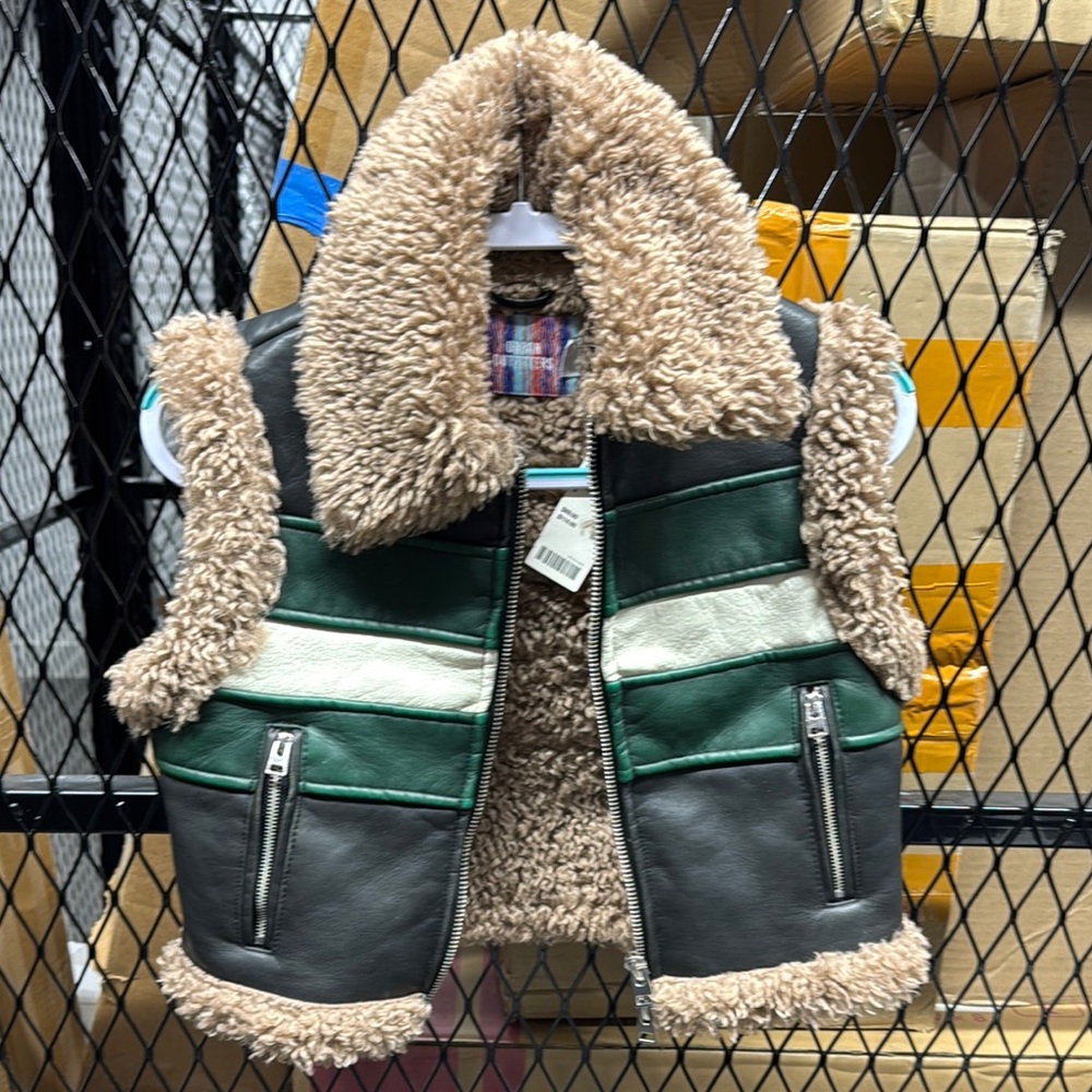 Green and Brown faux leather and Faux Shearling Vest